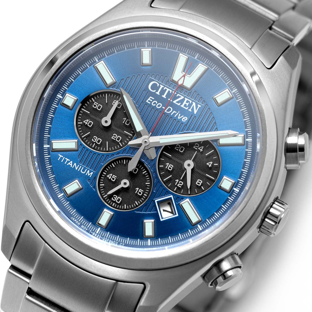 A close-up of a blue Citizen Eco-Drive titanium watch