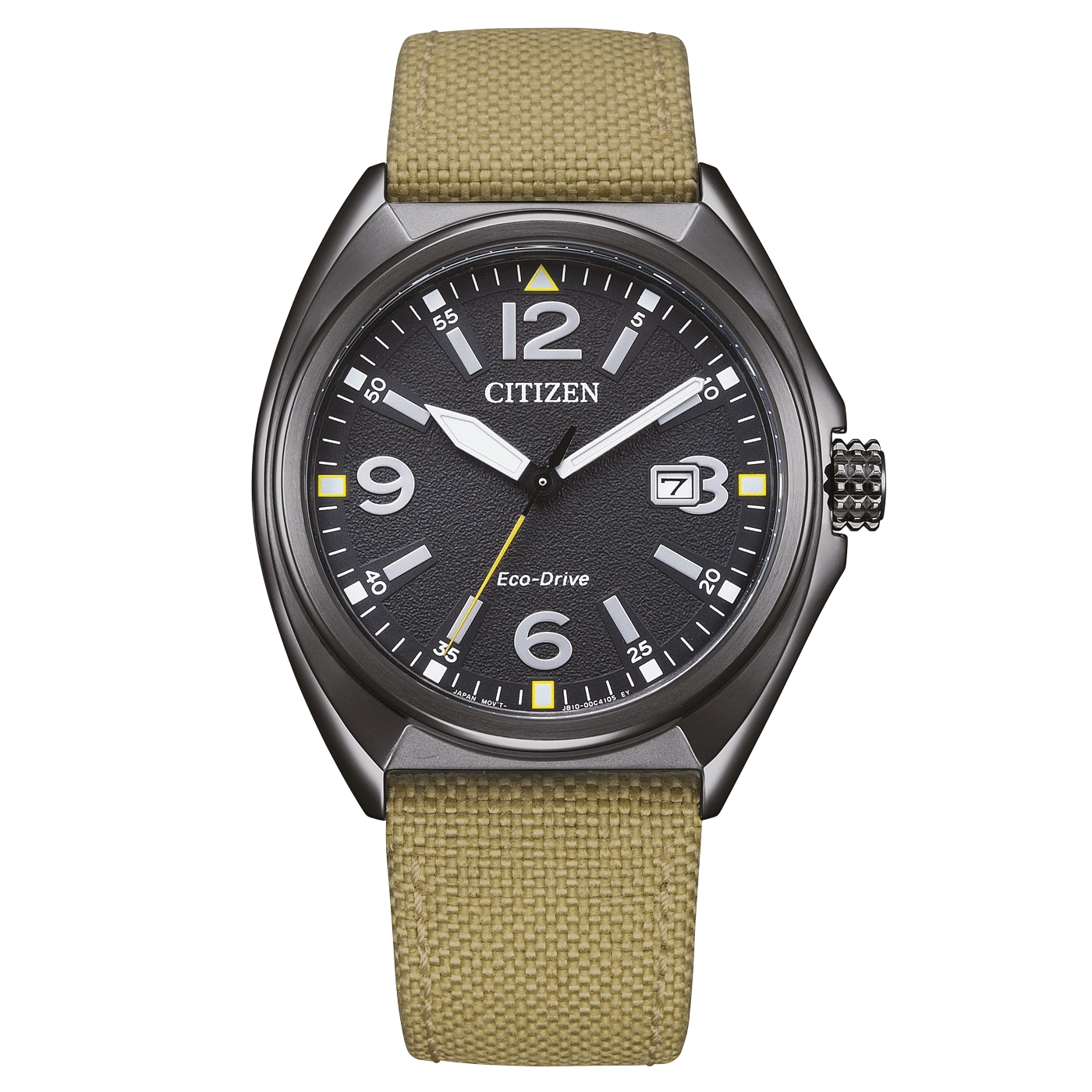 Citizen watch with black face, beige strap, and Eco-Drive technology.