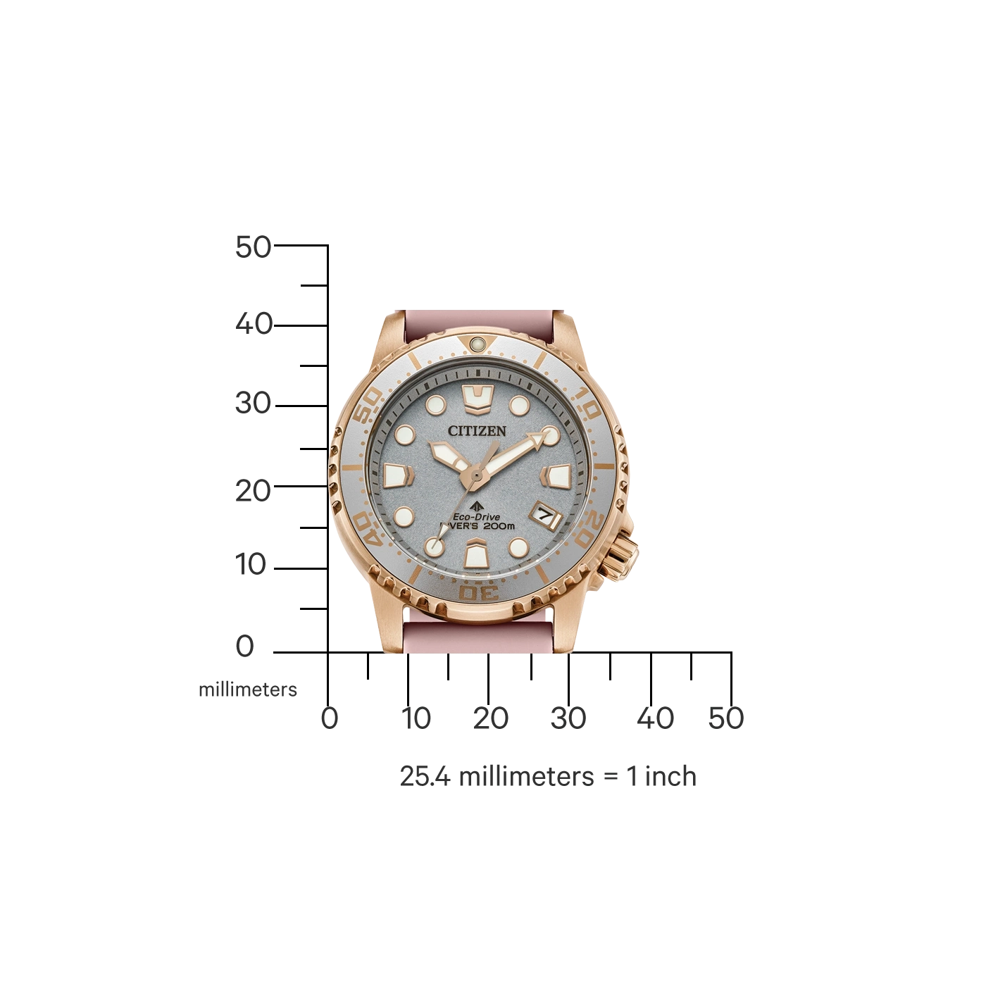 Citizen watch with a pink strap and a gray face, showing the time.