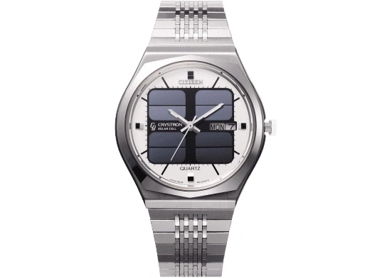 Citizen Crystron solar cell watch with a silver band and white face