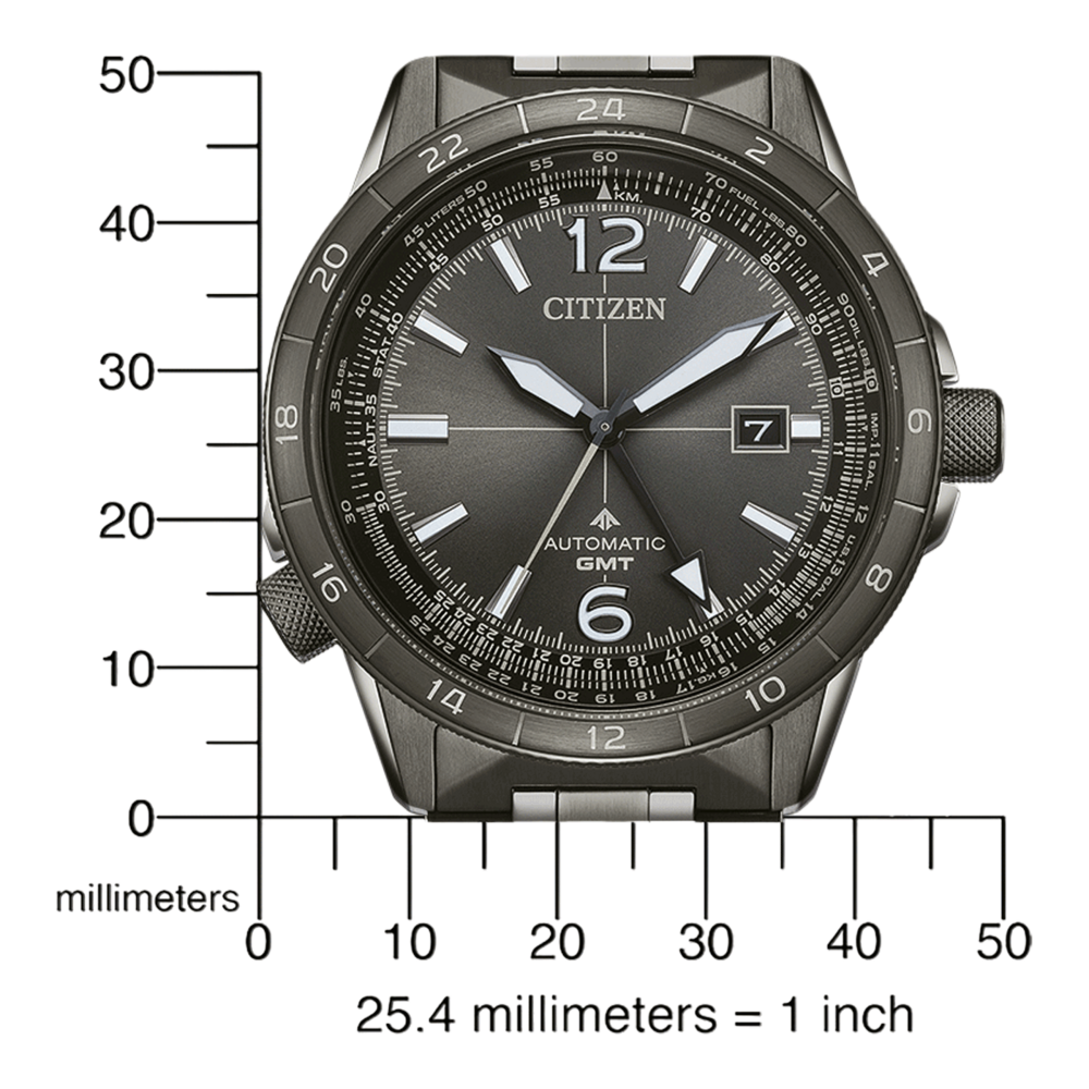 Citizen watch with a dark gray dial and a GMT function, with a scale in millimeters.