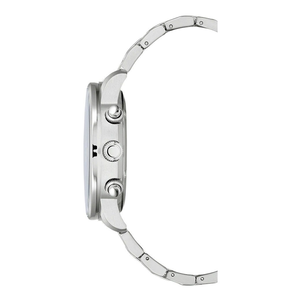 Side view of a silver wristwatch with a metal band and three buttons.