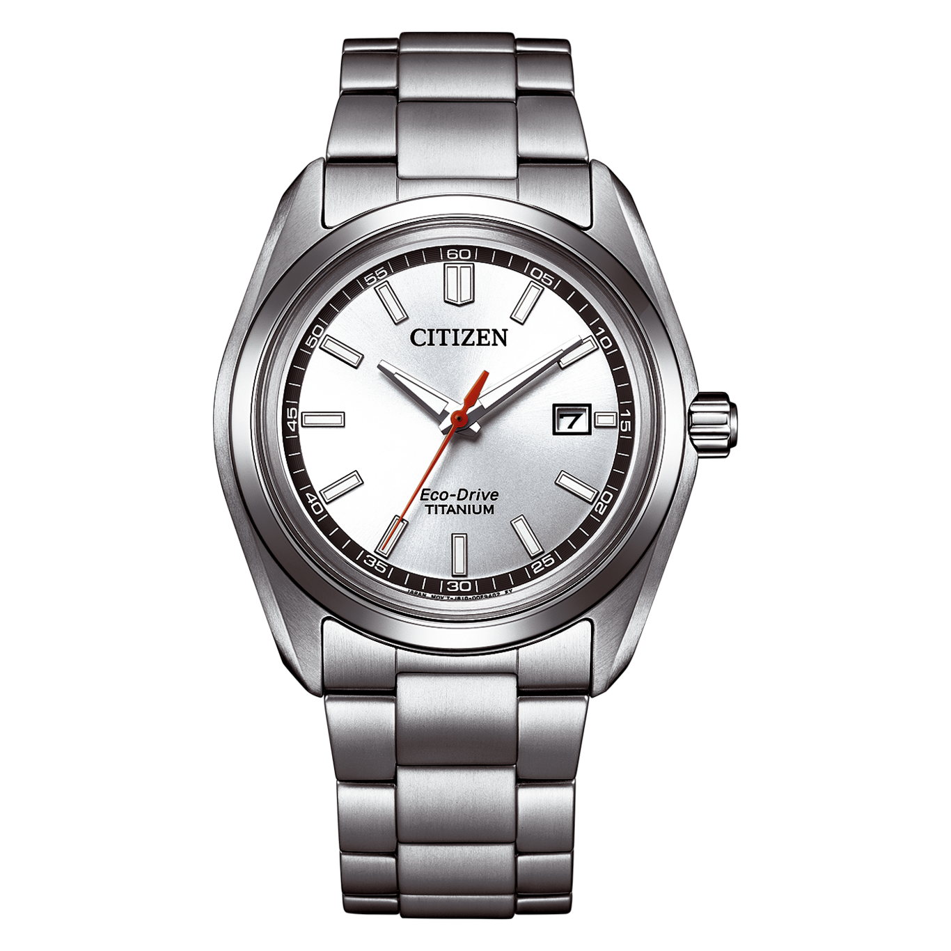 A silver Citizen Eco-Drive Titanium watch with a white dial.