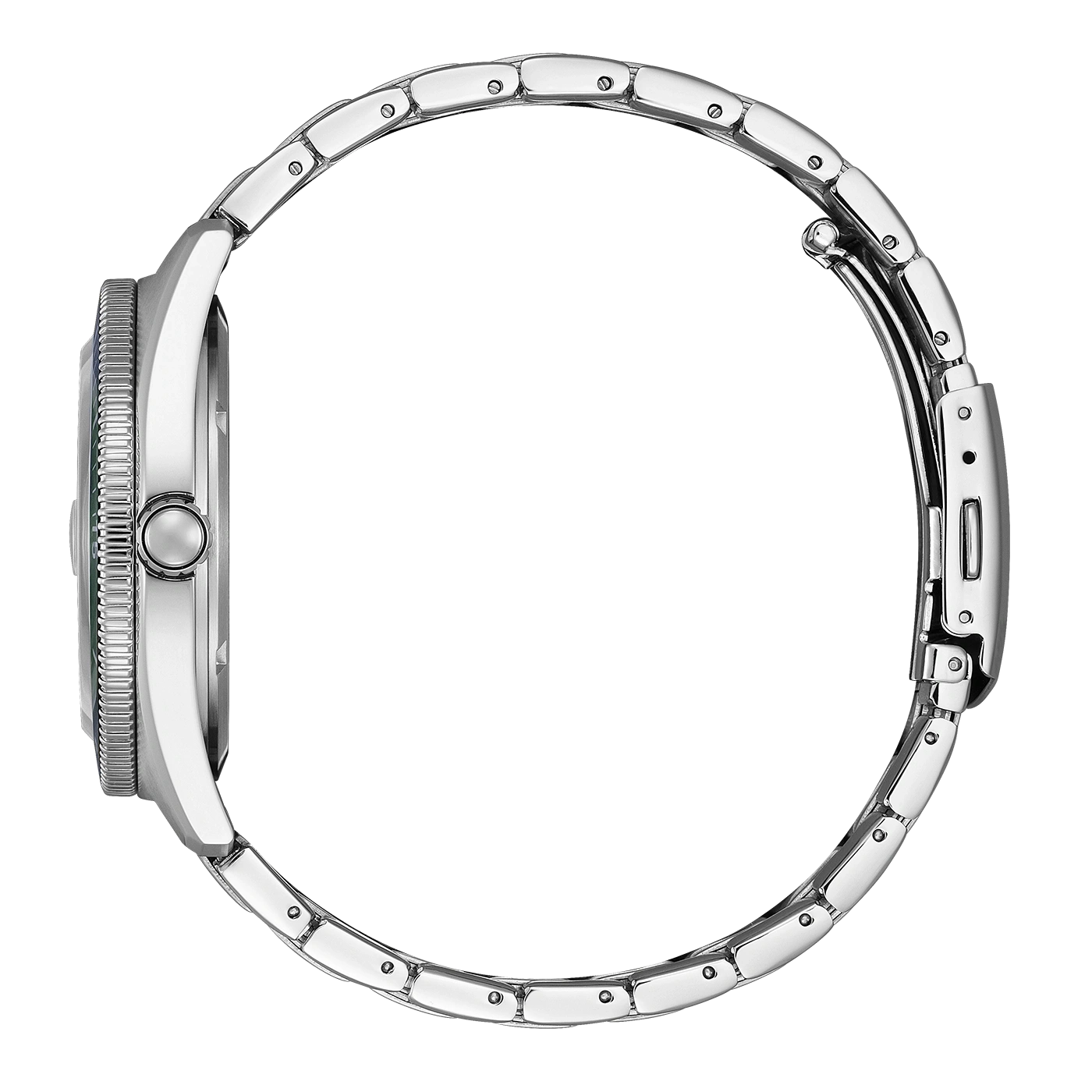 Side view of a silver watch with a metal band.