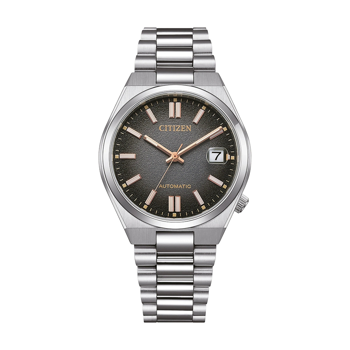 Citizen watch with a black face and silver band, automatic movement.