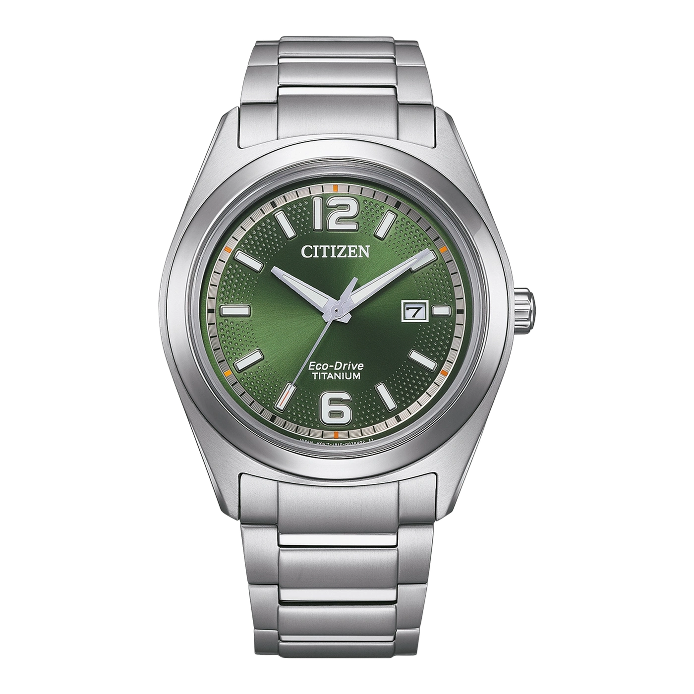 Citizen Eco-Drive Titanium watch with green dial and silver bracelet.