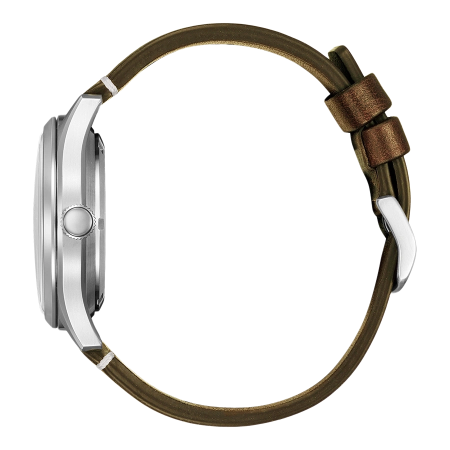 Side view of a silver watch with a brown leather strap.