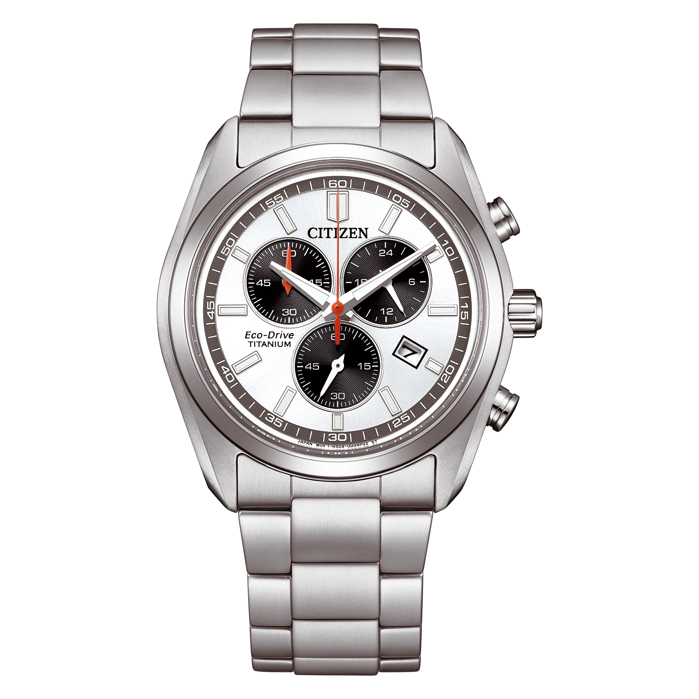 A silver Citizen Eco-Drive Titanium chronograph watch on a white background.