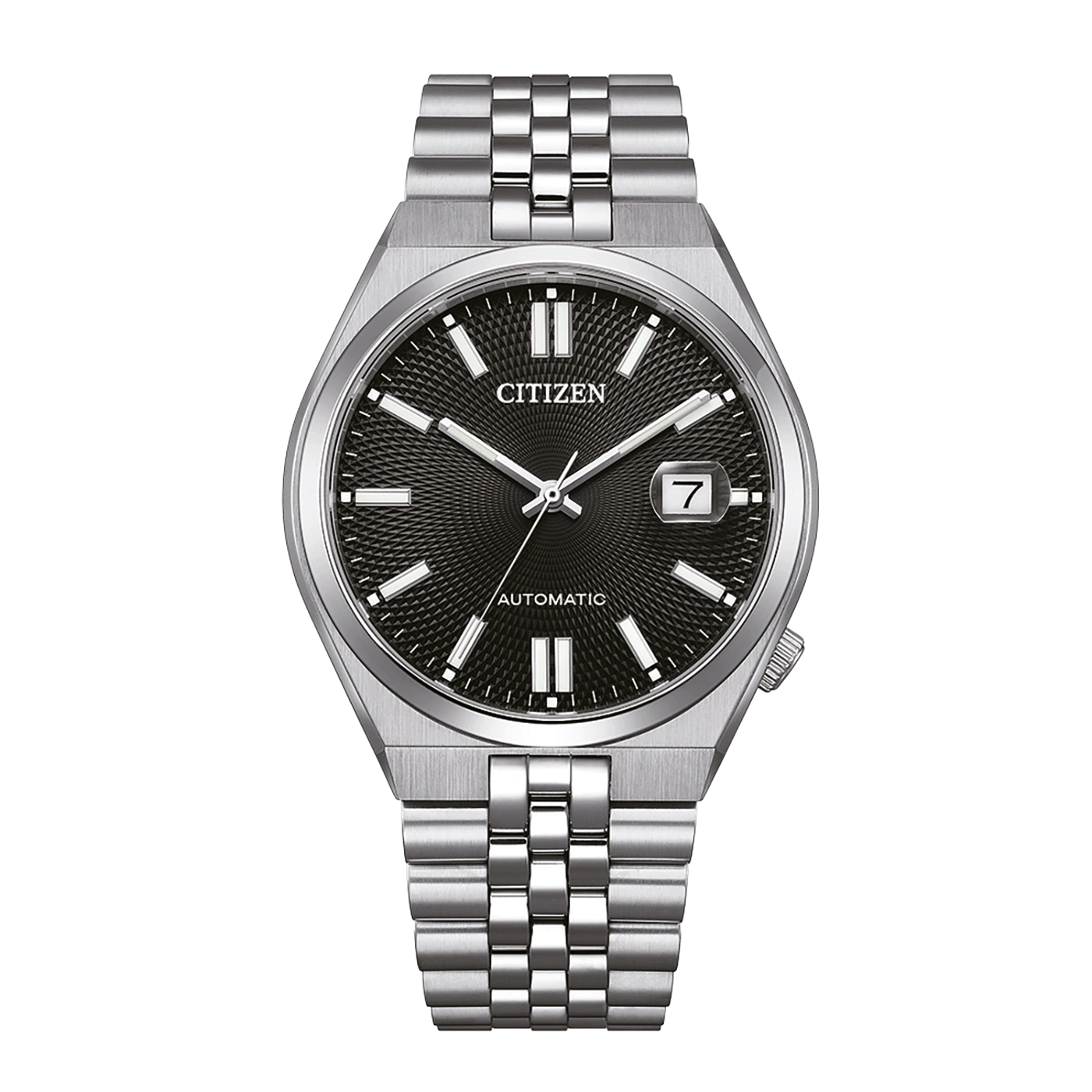Citizen automatic watch with a black dial and silver bracelet.