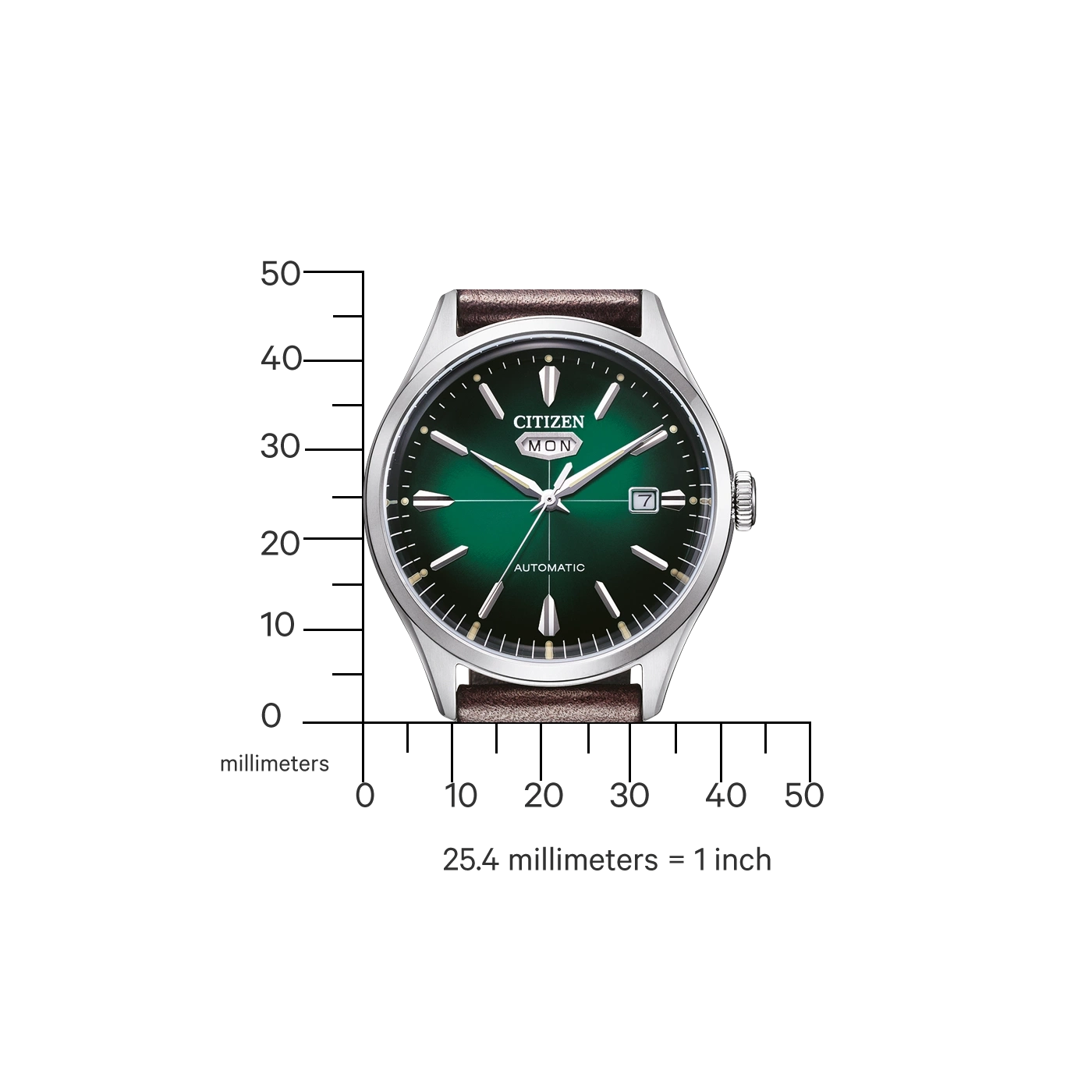 Citizen watch with green face, brown strap, and measurement scale.