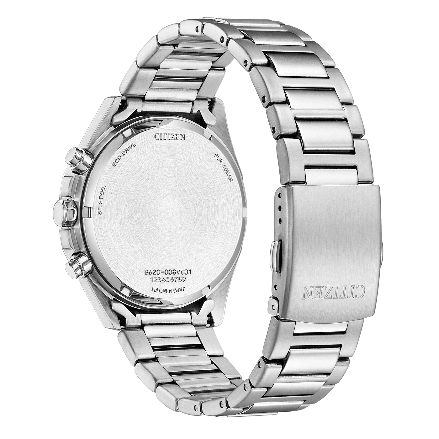 Citizen watch back, stainless steel, Eco-Drive, W.R. 10BAR, Japan Movt.