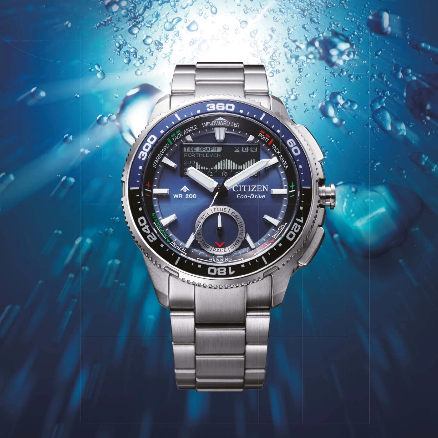 A Citizen Eco-Drive watch with a blue dial and metal band underwater.