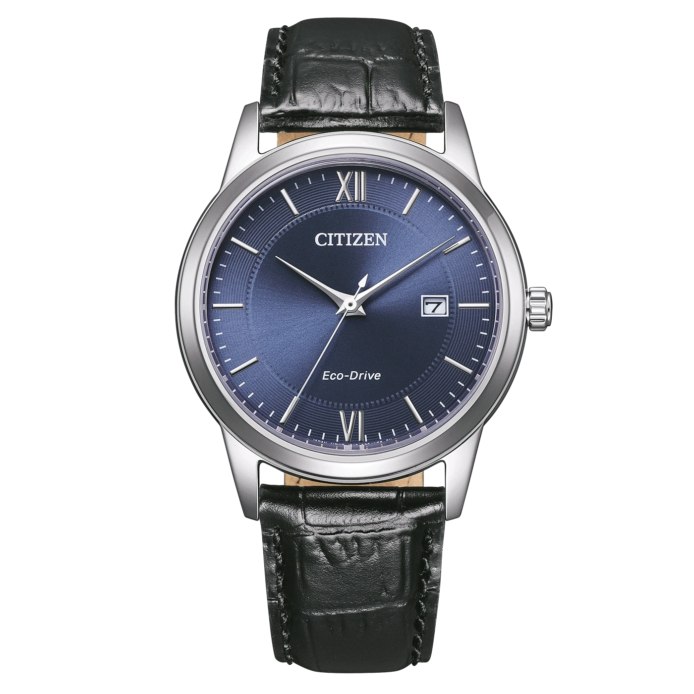 Citizen watch with blue face and black leather strap, elegant design