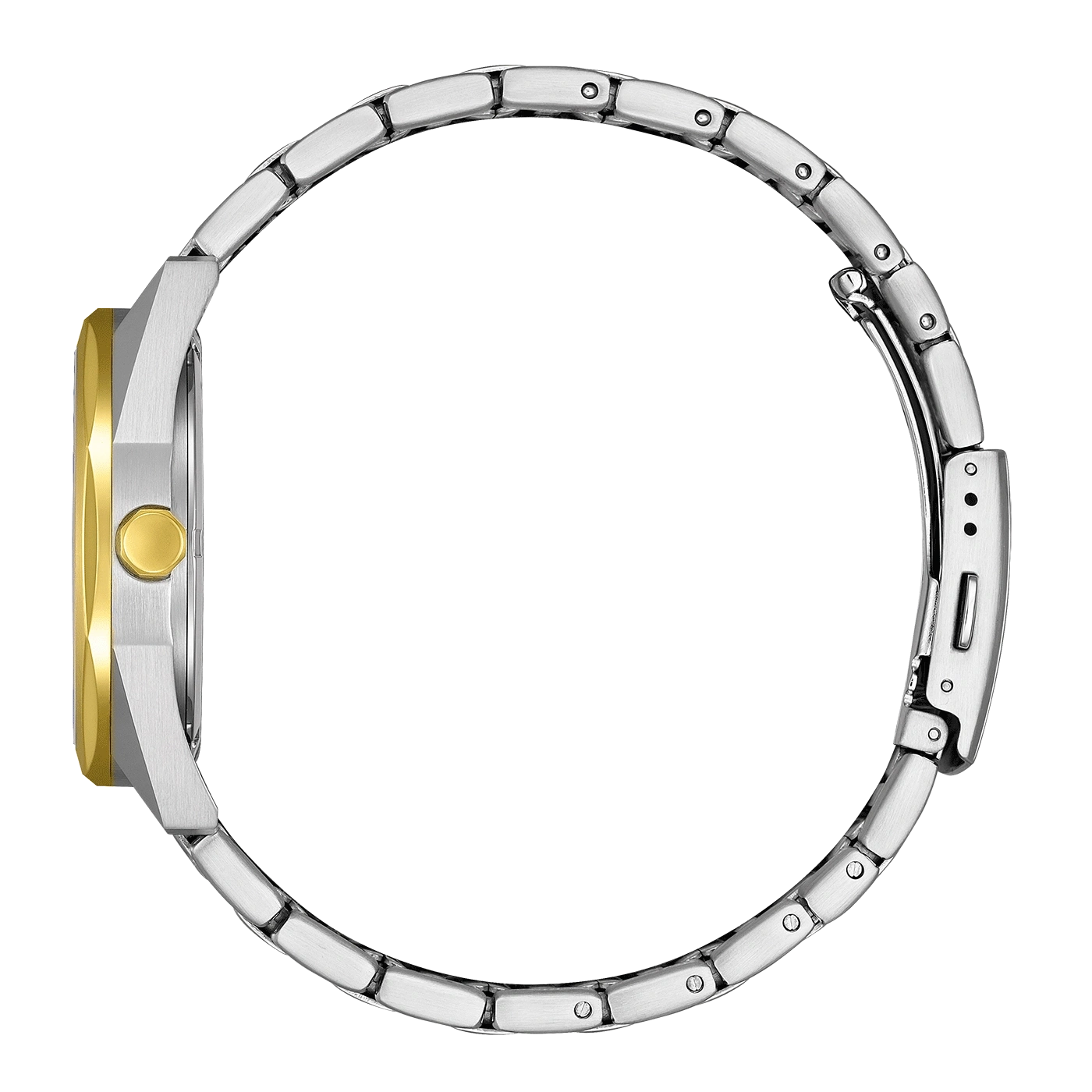 Side view of a silver watch with a gold face and band.