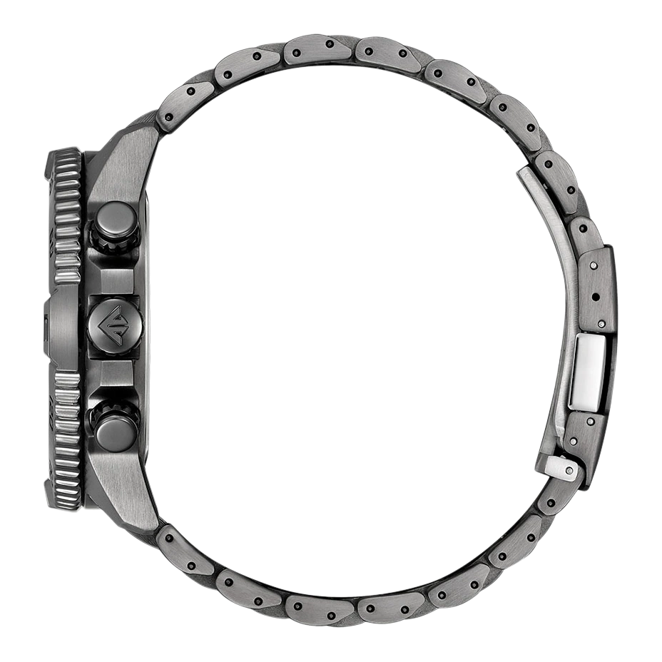 Side view of a dark gray watch with a metal band.
