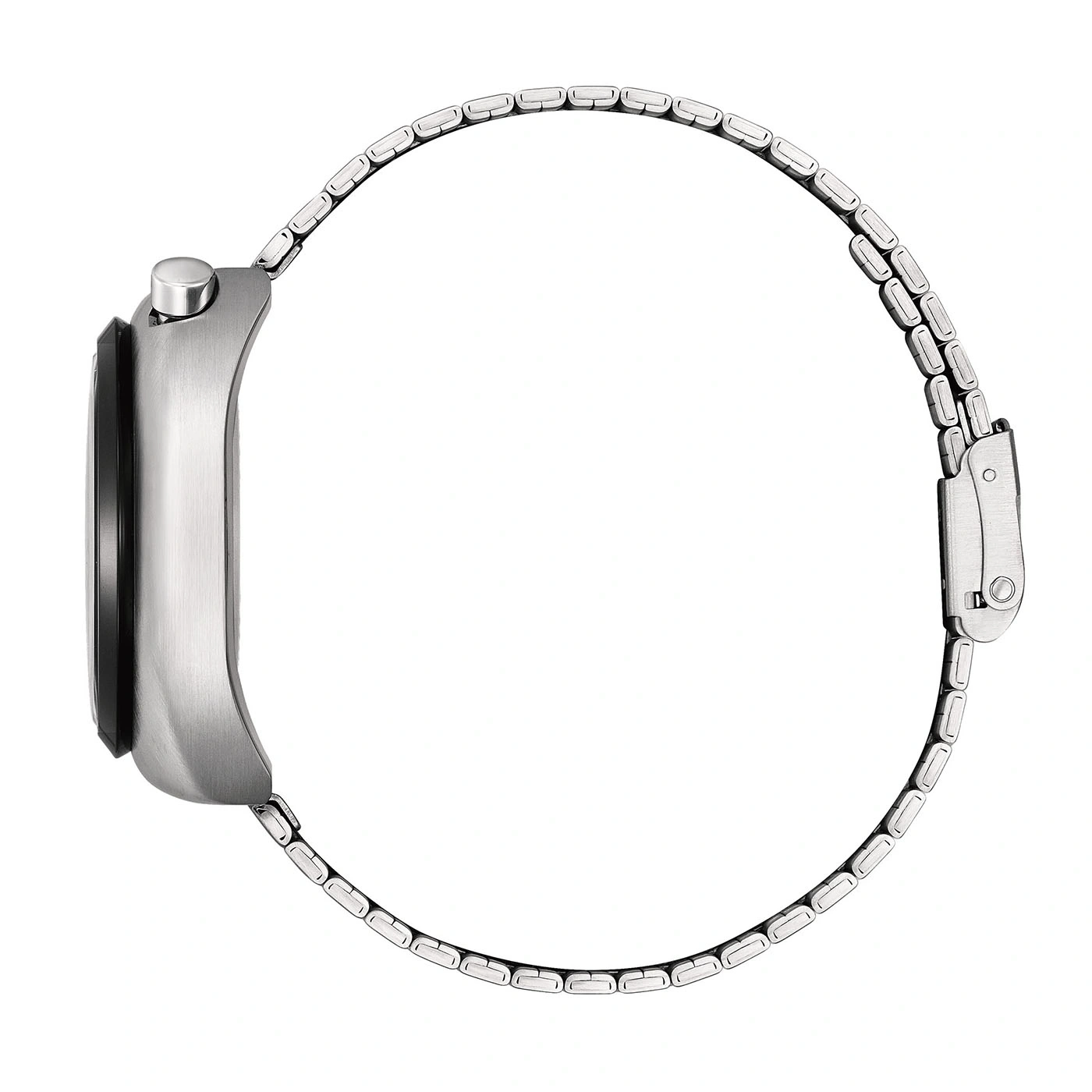 Side view of a silver watch with a metal band.