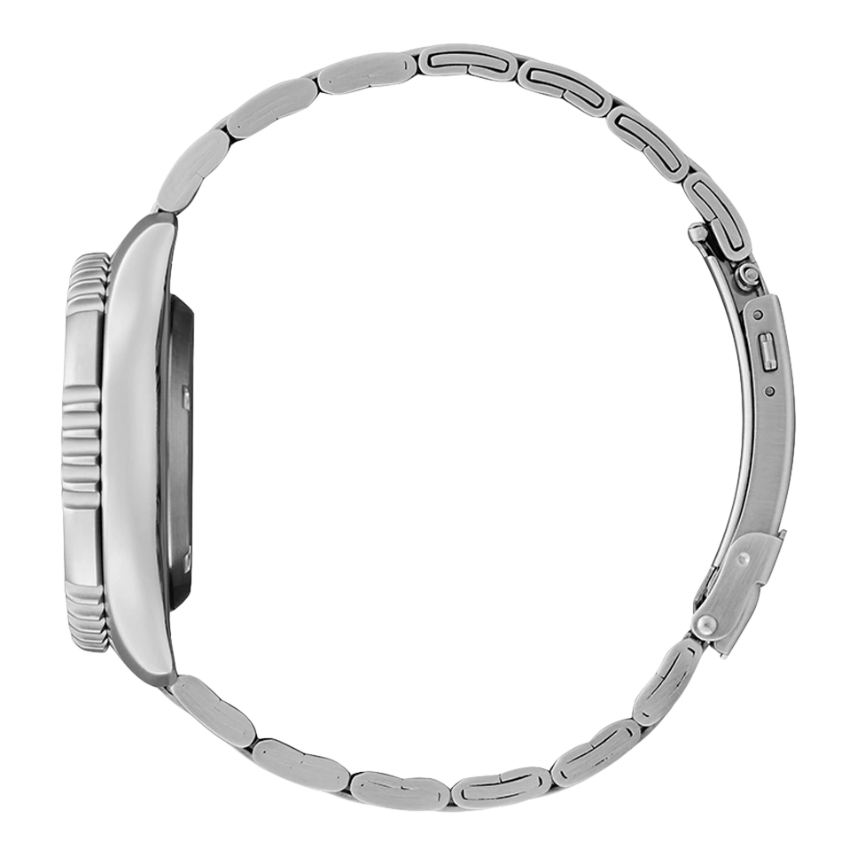 Side view of a silver wristwatch with a metal band, isolated on white background.