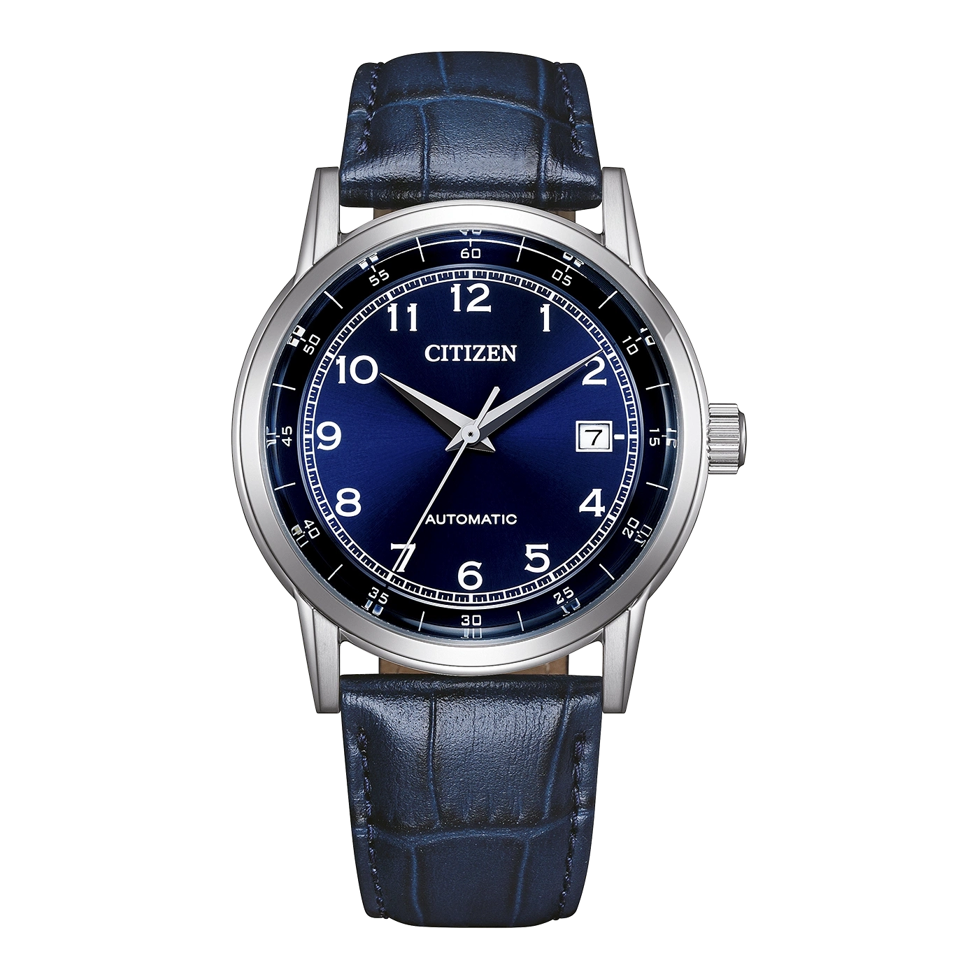 A blue Citizen automatic watch with a leather strap.