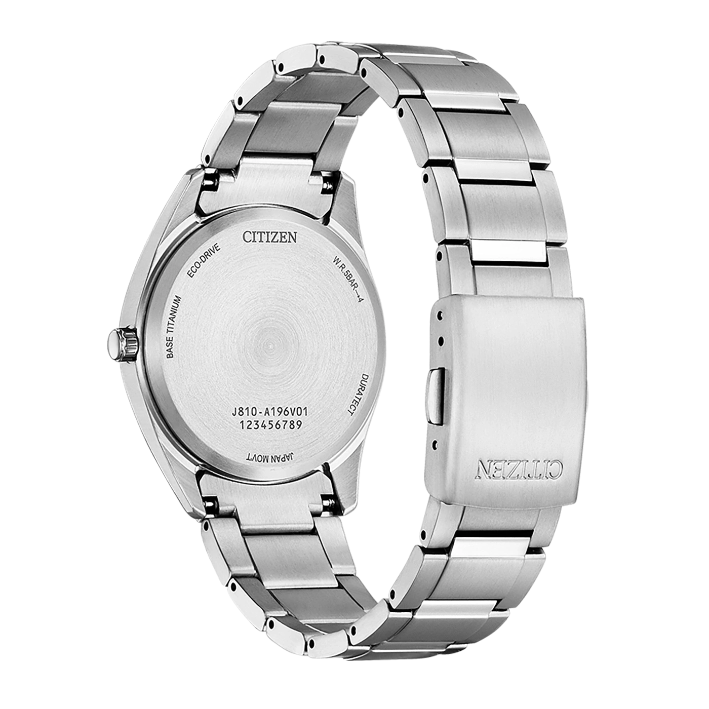 Citizen watch back with details: titanium, eco-drive, and model number.