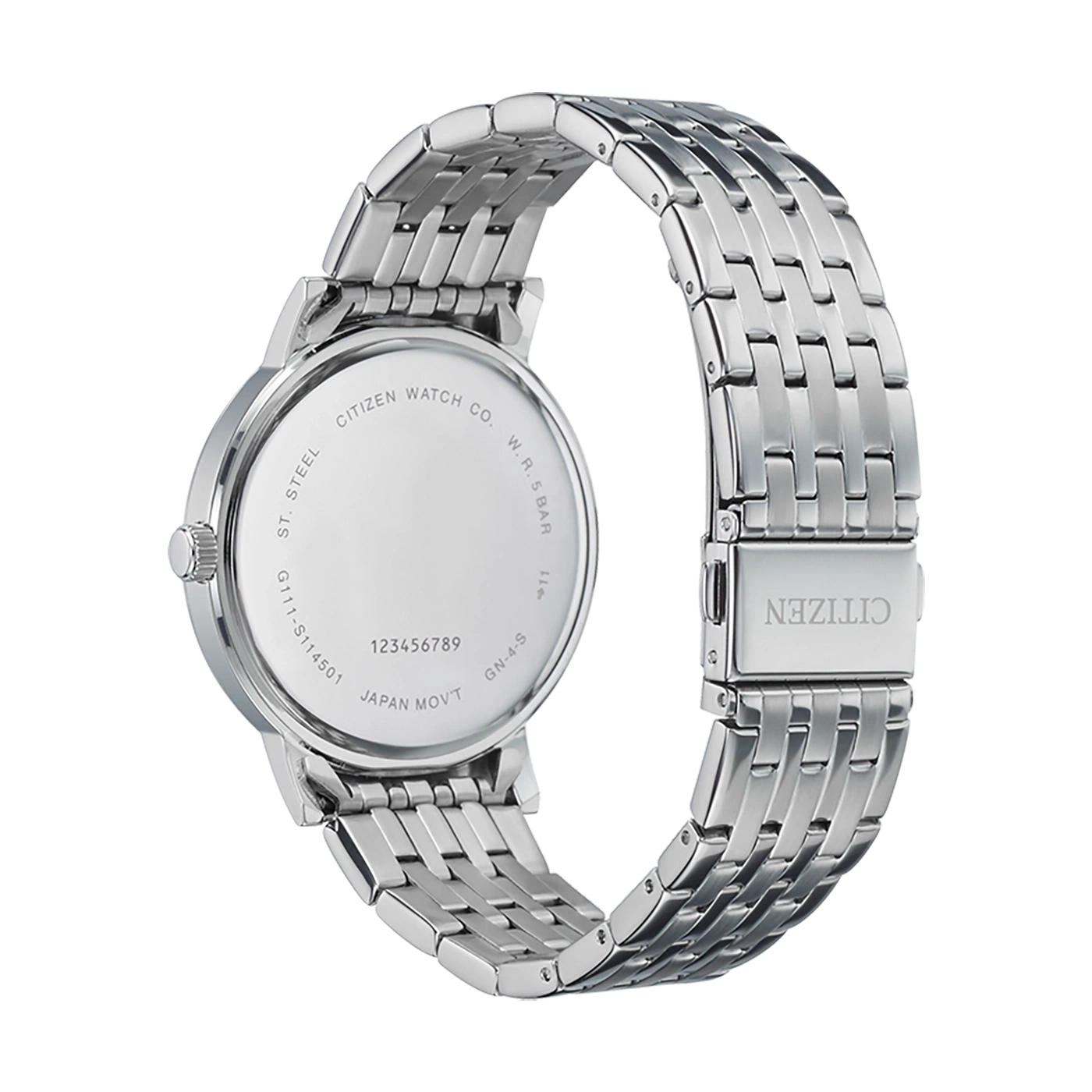 Citizen watch, stainless steel, back view, with the brand name and details.