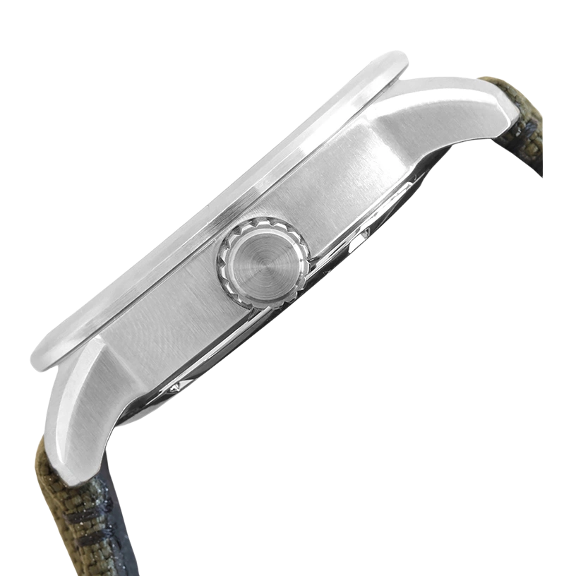 Side view of a silver watch with a green strap and a round crown.