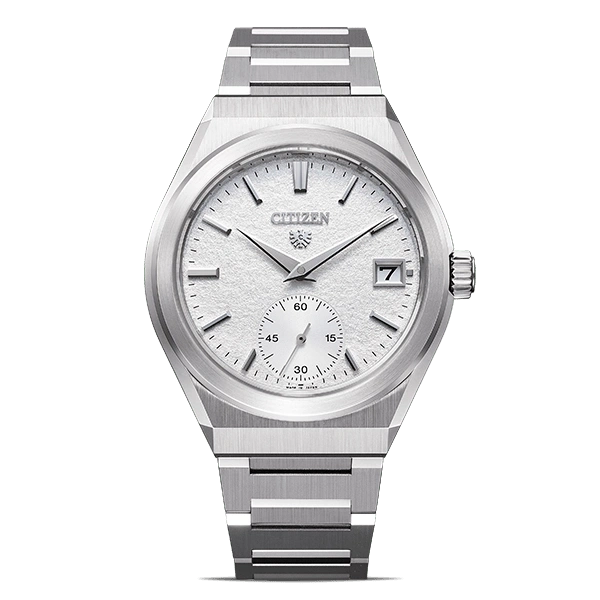 Citizen watch with a white face and silver band, elegant design.