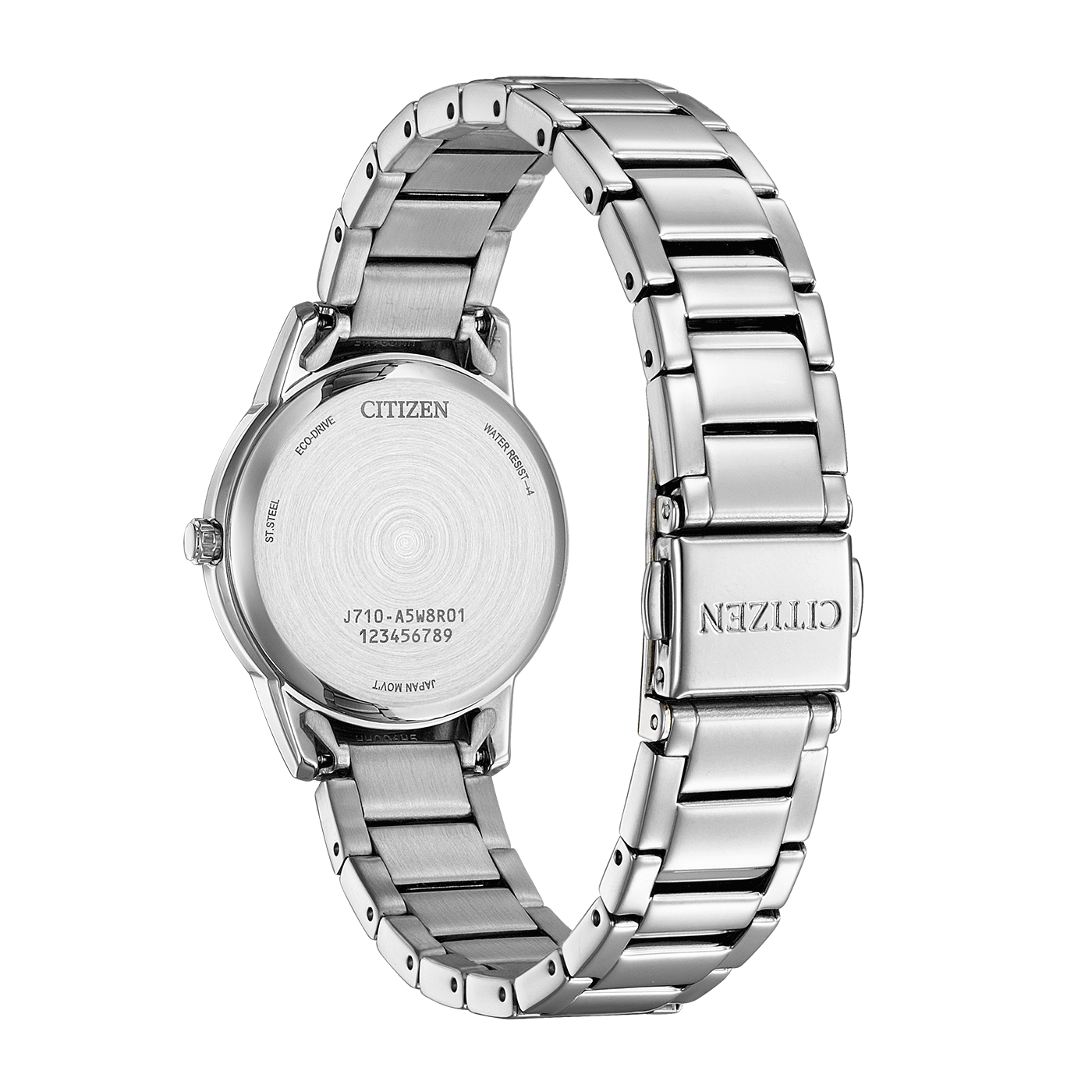 Citizen watch back, stainless steel, Eco-Drive, water resistant, Japan movement.