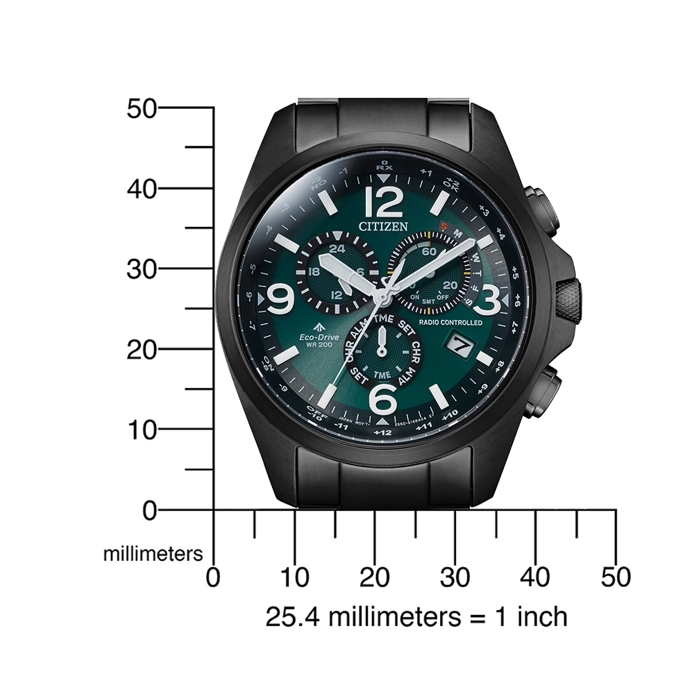 Black Citizen watch with green face, measuring scale, and millimeter markings.