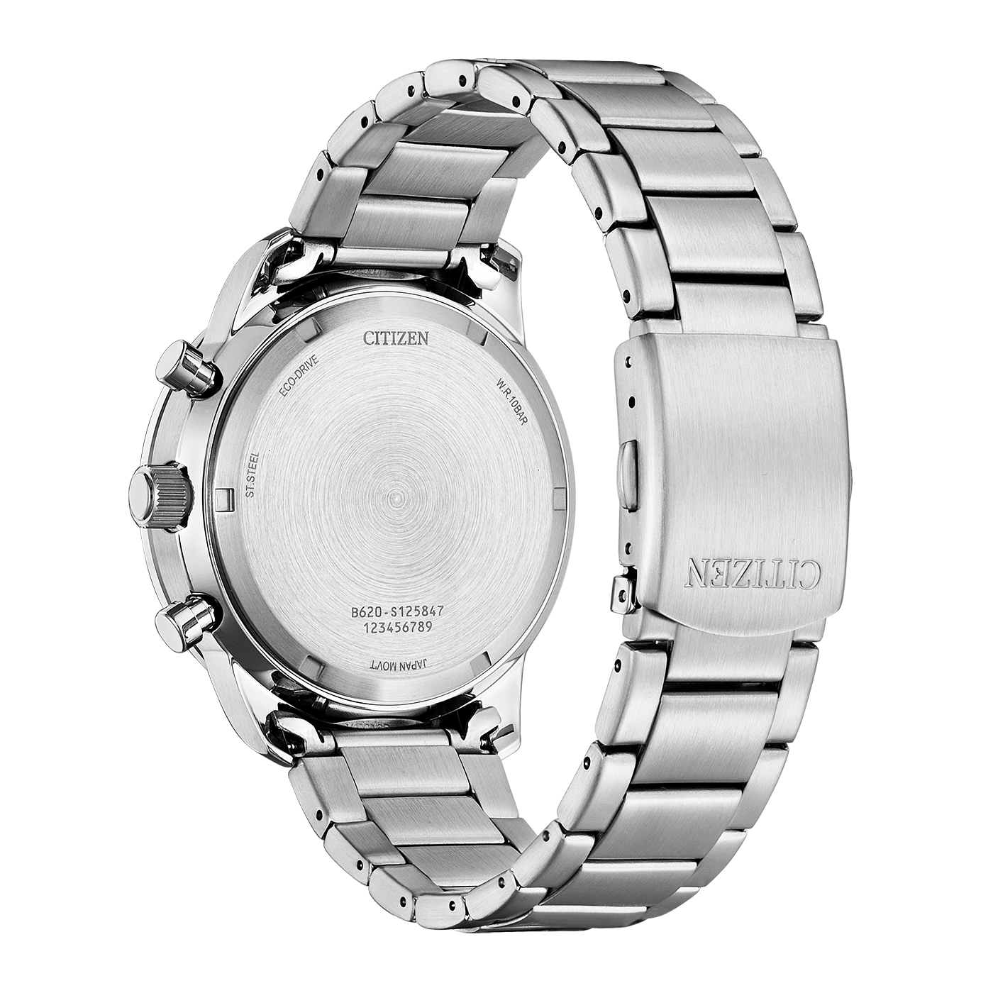 Citizen watch back, stainless steel, Eco-Drive, water resistant, Japan movement.