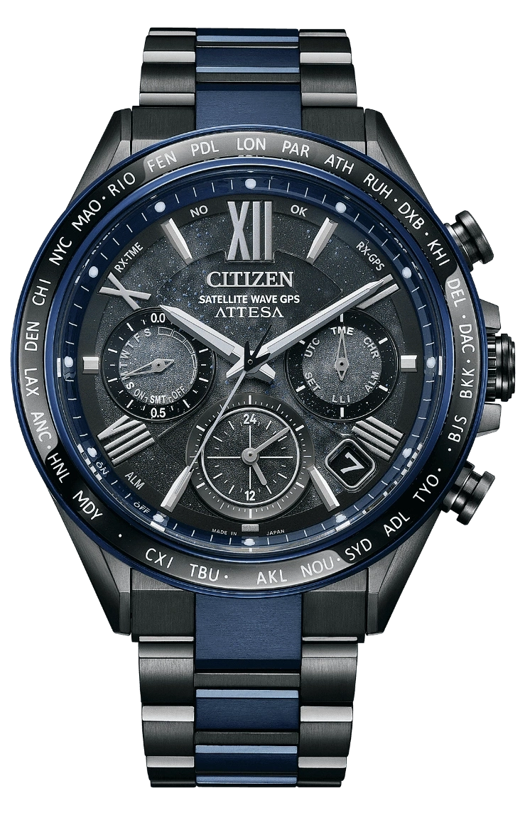 Citizen Attesa watch with a blue and black design, satellite wave GPS.