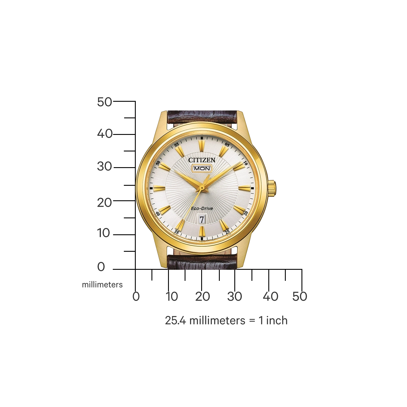 Gold Citizen watch with a white face and brown leather strap.
