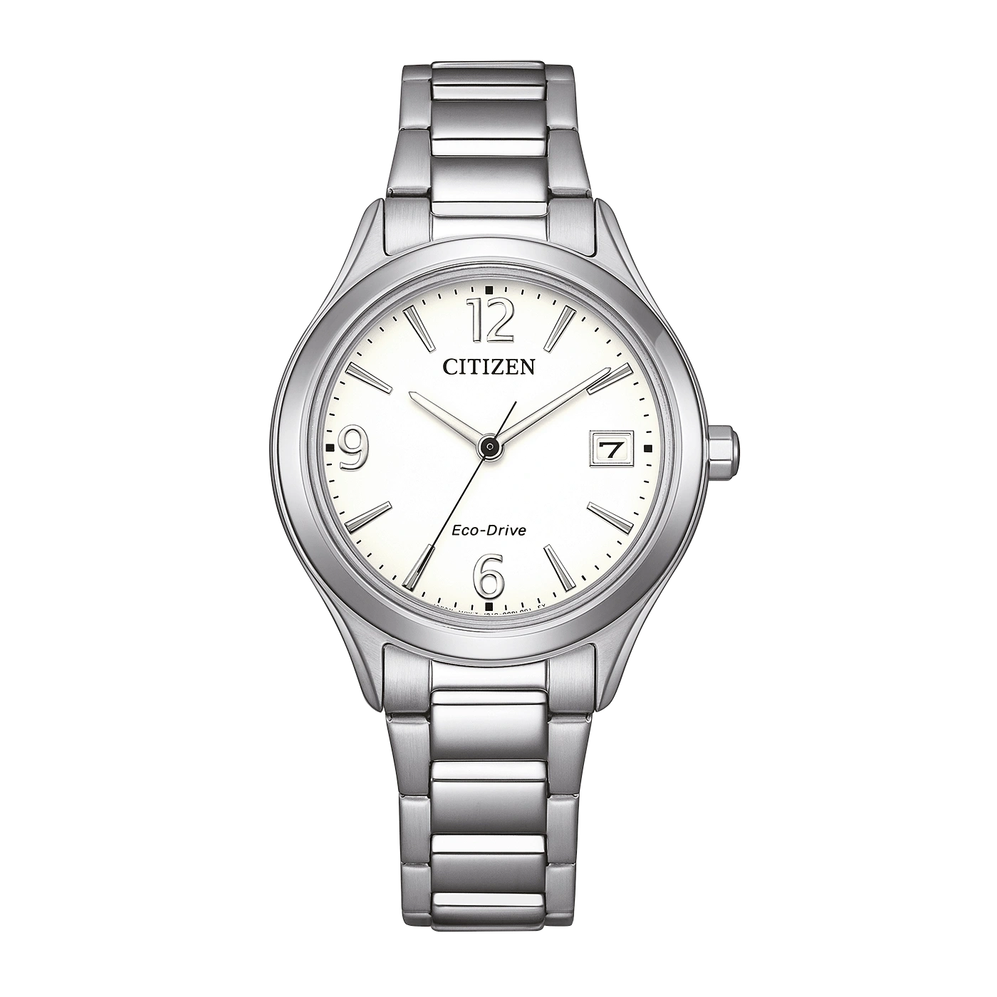 A Citizen Eco-Drive watch with a white dial and silver band.
