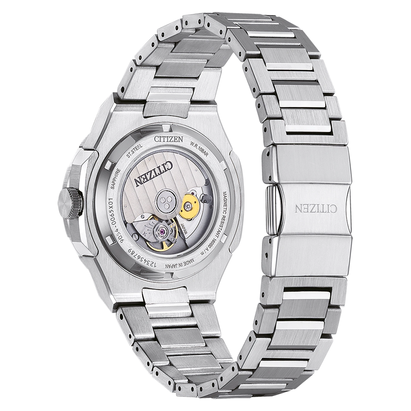 Citizen watch back with visible mechanism, stainless steel, sapphire crystal, and Japanese origin.