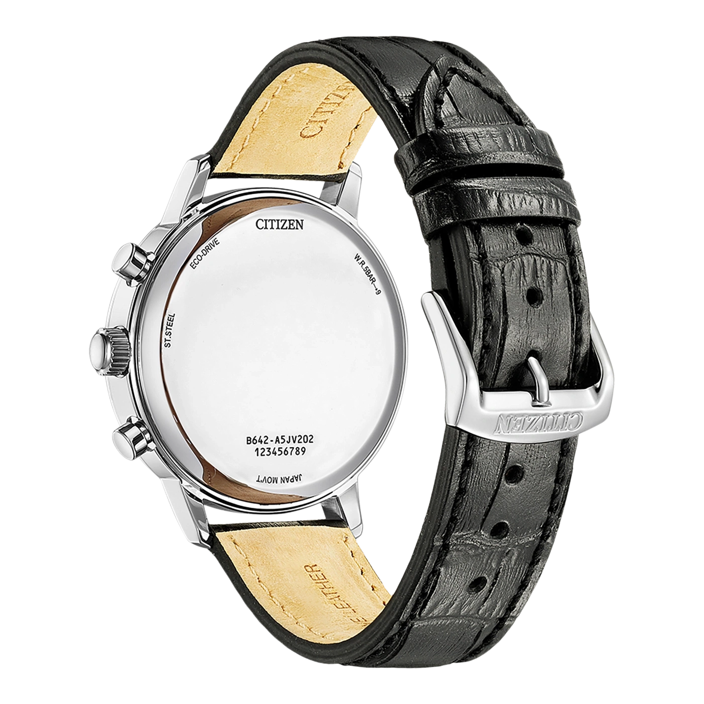 Citizen watch with black leather strap, stainless steel, Eco-Drive, Japan Movt.