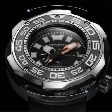 Citizen watch with rotating bezel, Eco-Drive, and depth rating of 1000m, with a lock.