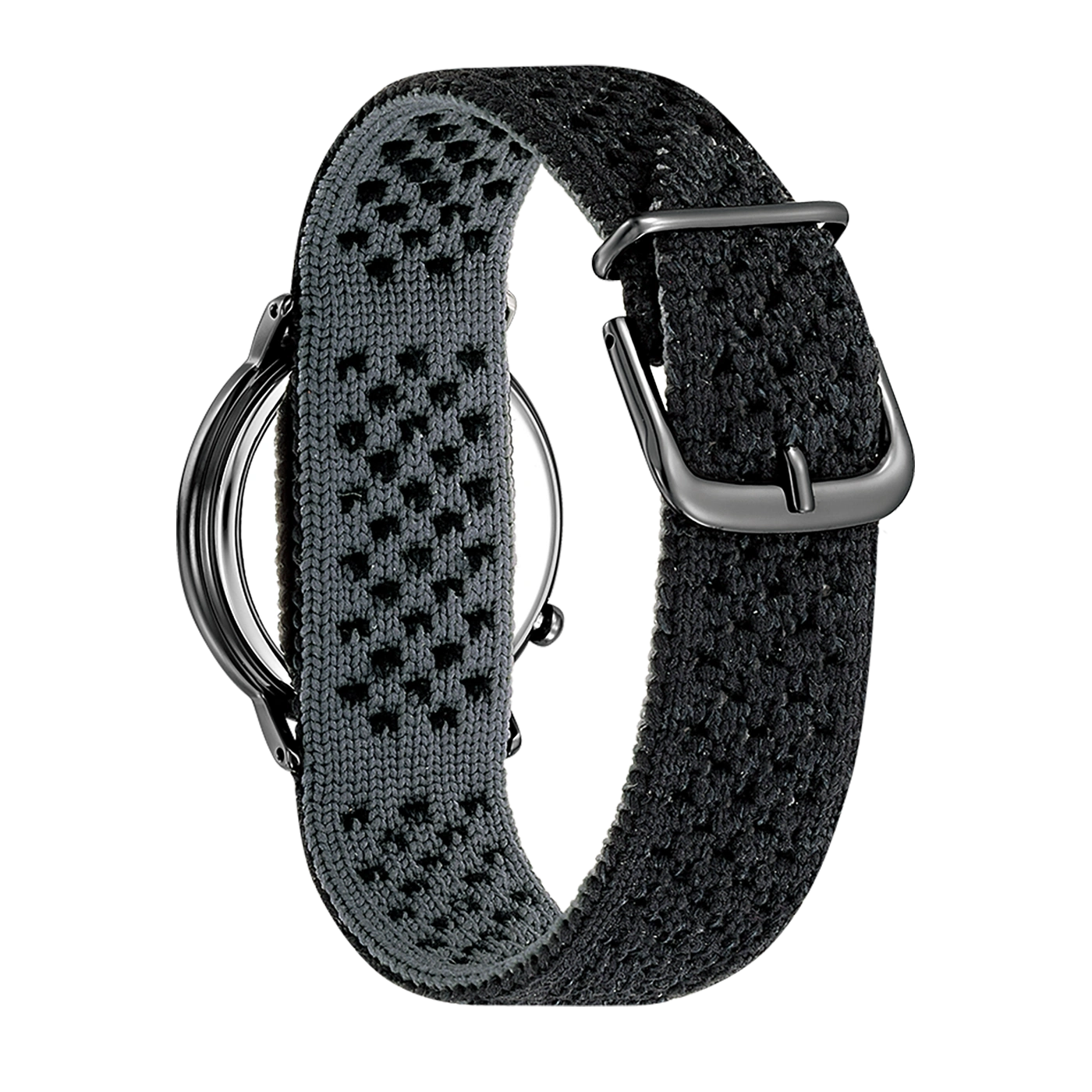 Close-up of a black watch with a gray and black strap.