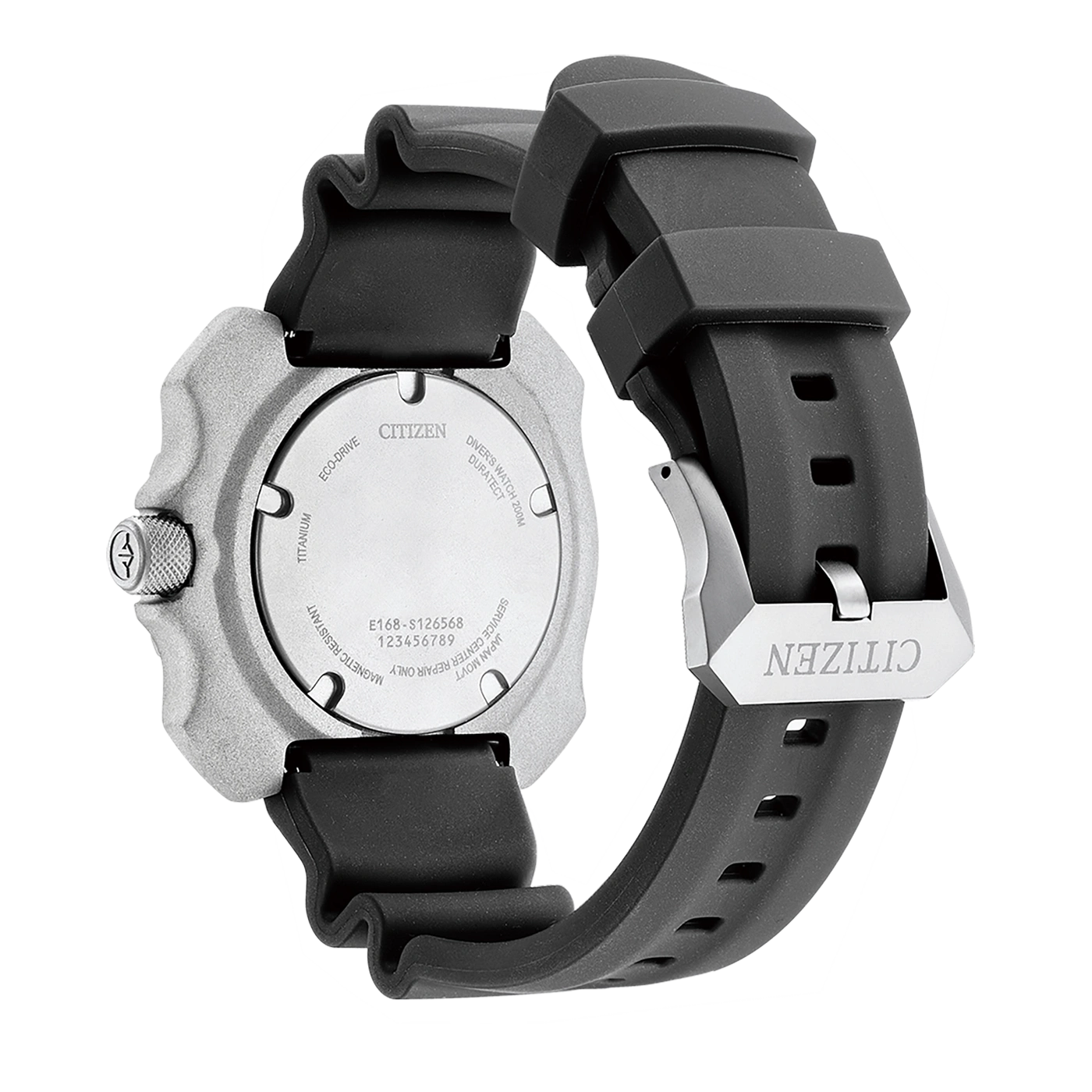Citizen watch back, titanium, Eco-Drive, Diver's watch, black strap, metal clasp.