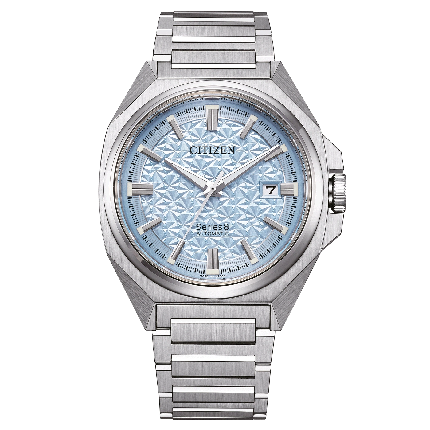 Citizen Series 8 automatic watch with a light blue dial and silver bracelet.