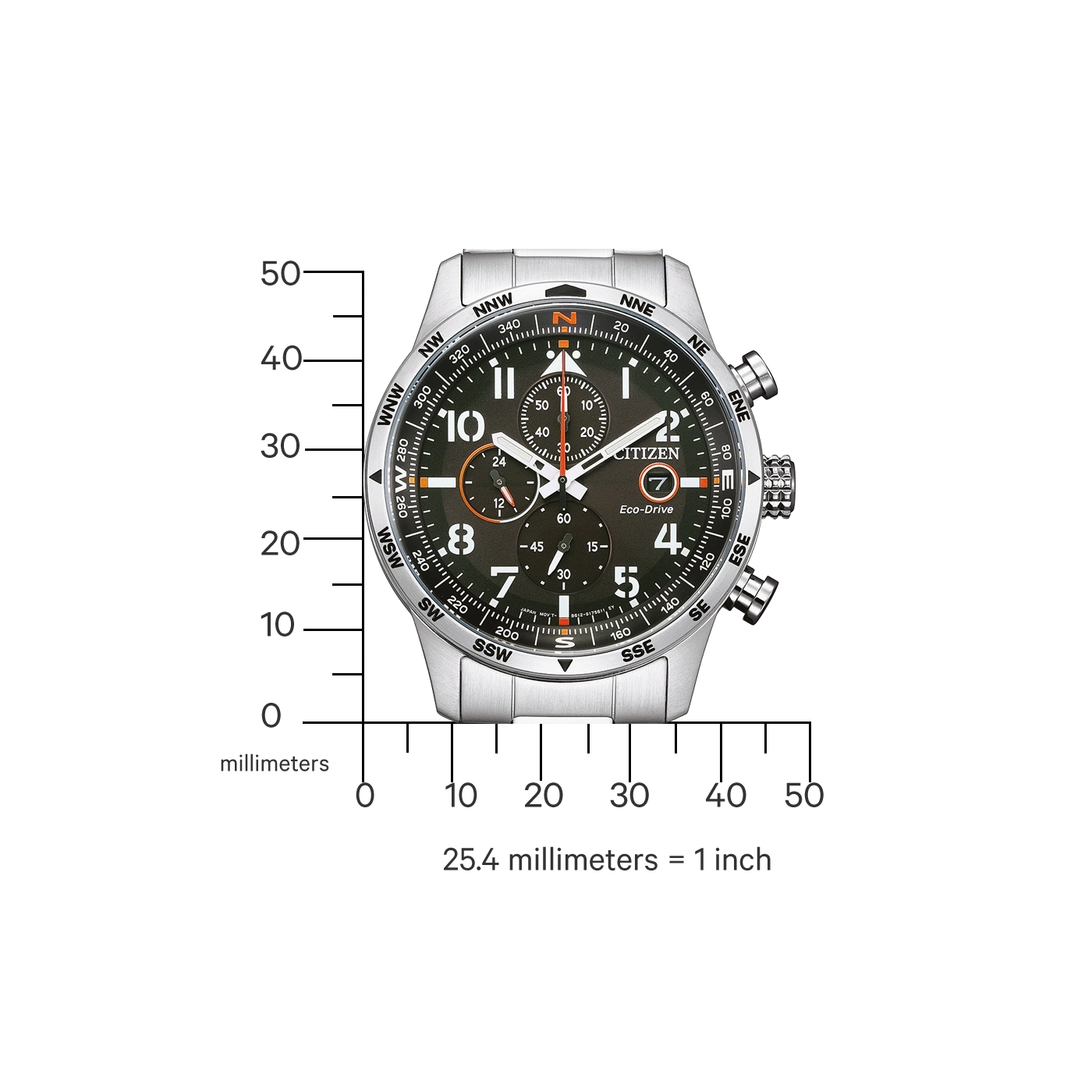 Citizen watch with compass and chronograph features, stainless steel, Eco-Drive technology.