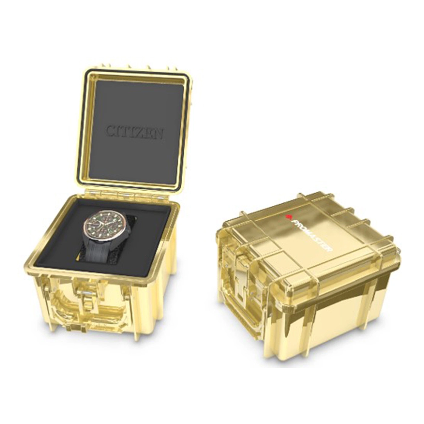 A golden Citizen Promaster watch case, open with watch, and closed.