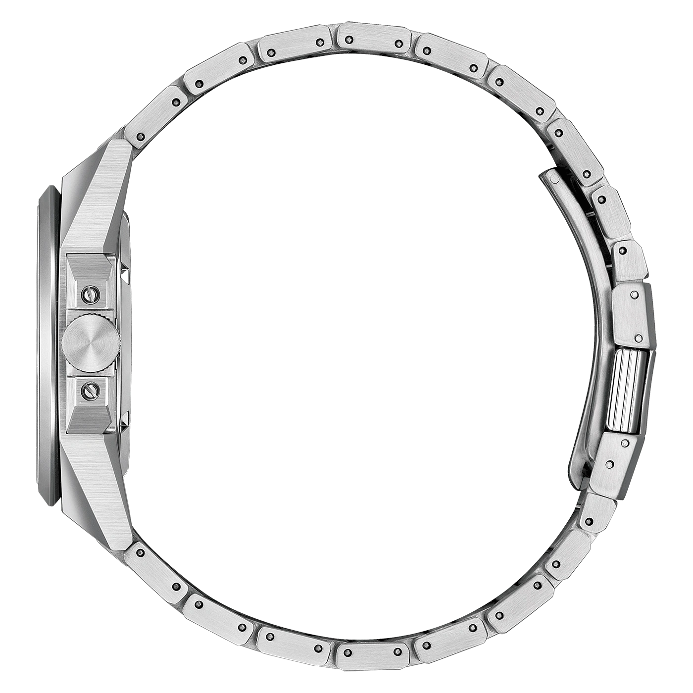 Side view of a silver watch with a metal strap, elegant design.