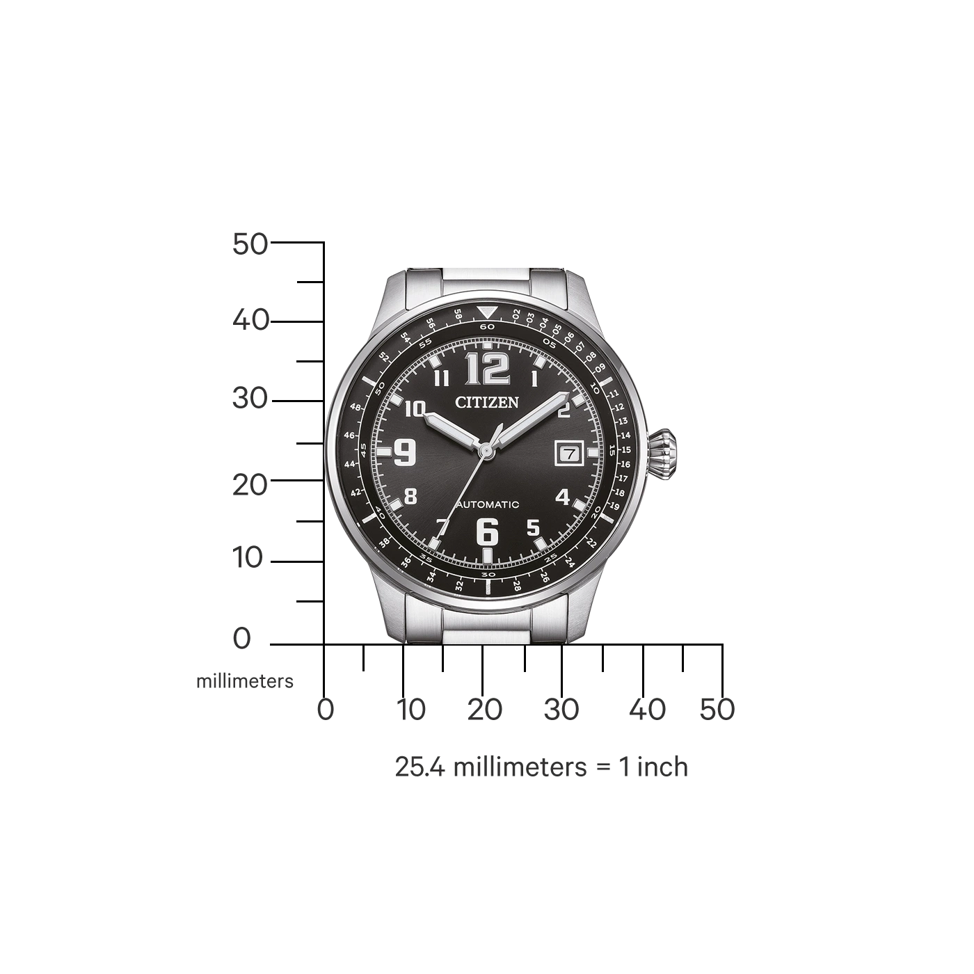 Citizen watch with black dial, automatic, and millimeter scale for size comparison.