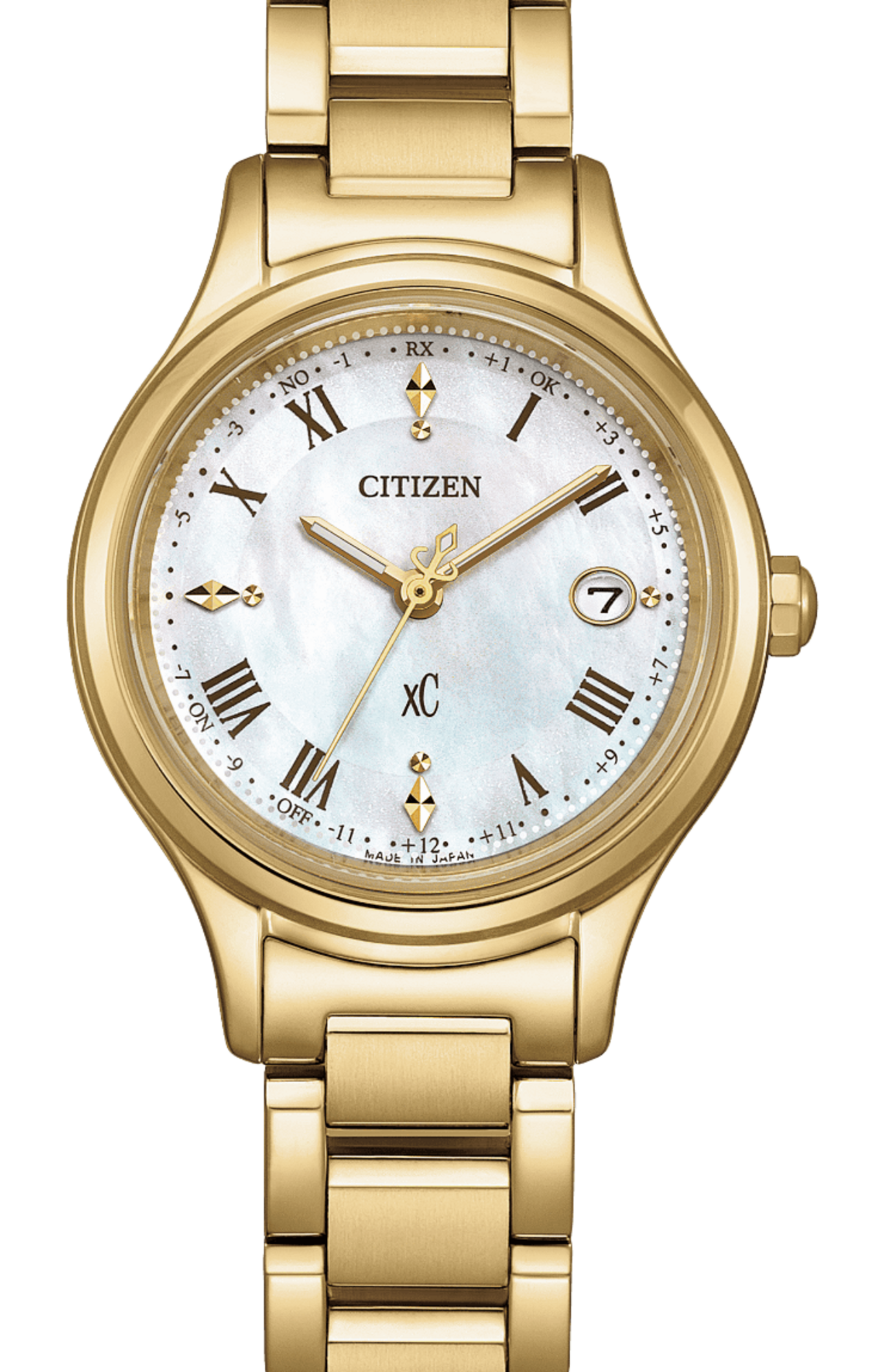 Gold Citizen watch with white face, Roman numerals, and date display.