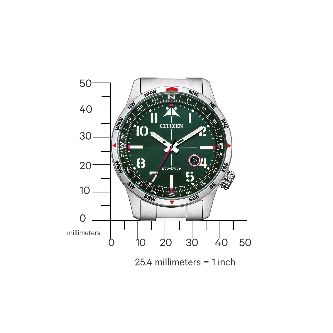 Citizen watch with compass and Eco-Drive technology, green dial, silver case.