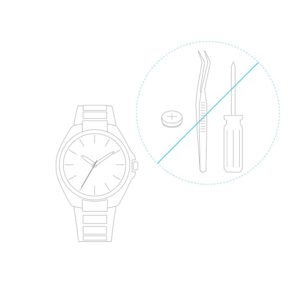Watch with tools crossed out, indicating do not repair yourself.