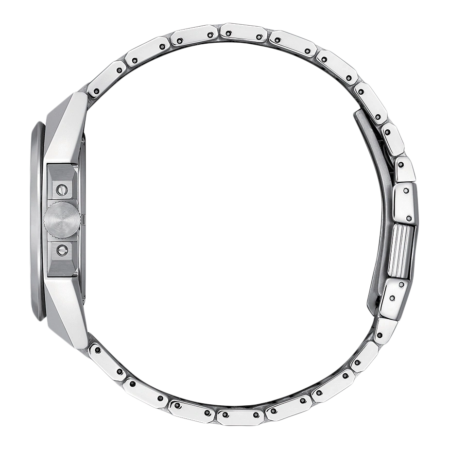 Side view of a silver watch with a metal band, close-up shot.