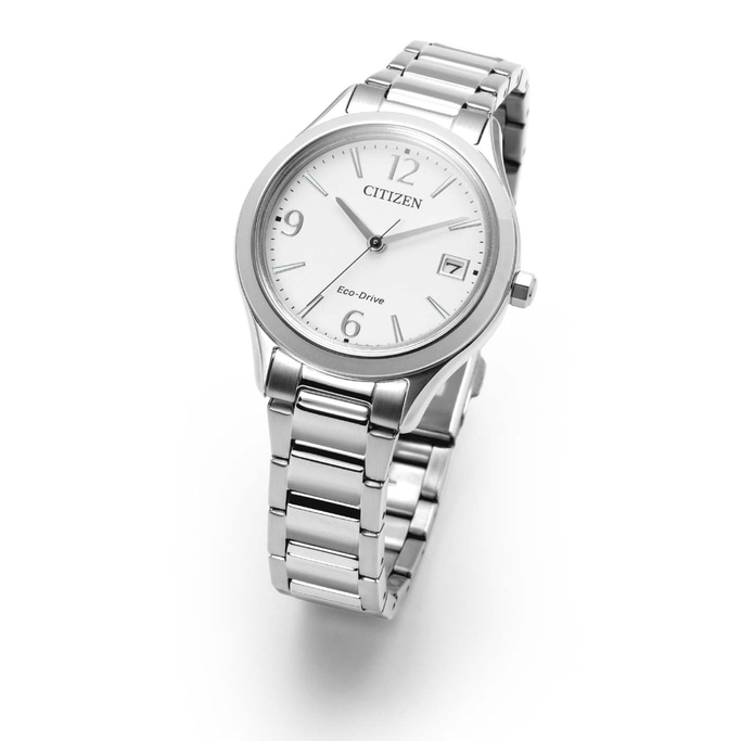 A silver Citizen Eco-Drive watch with a white face and date window.