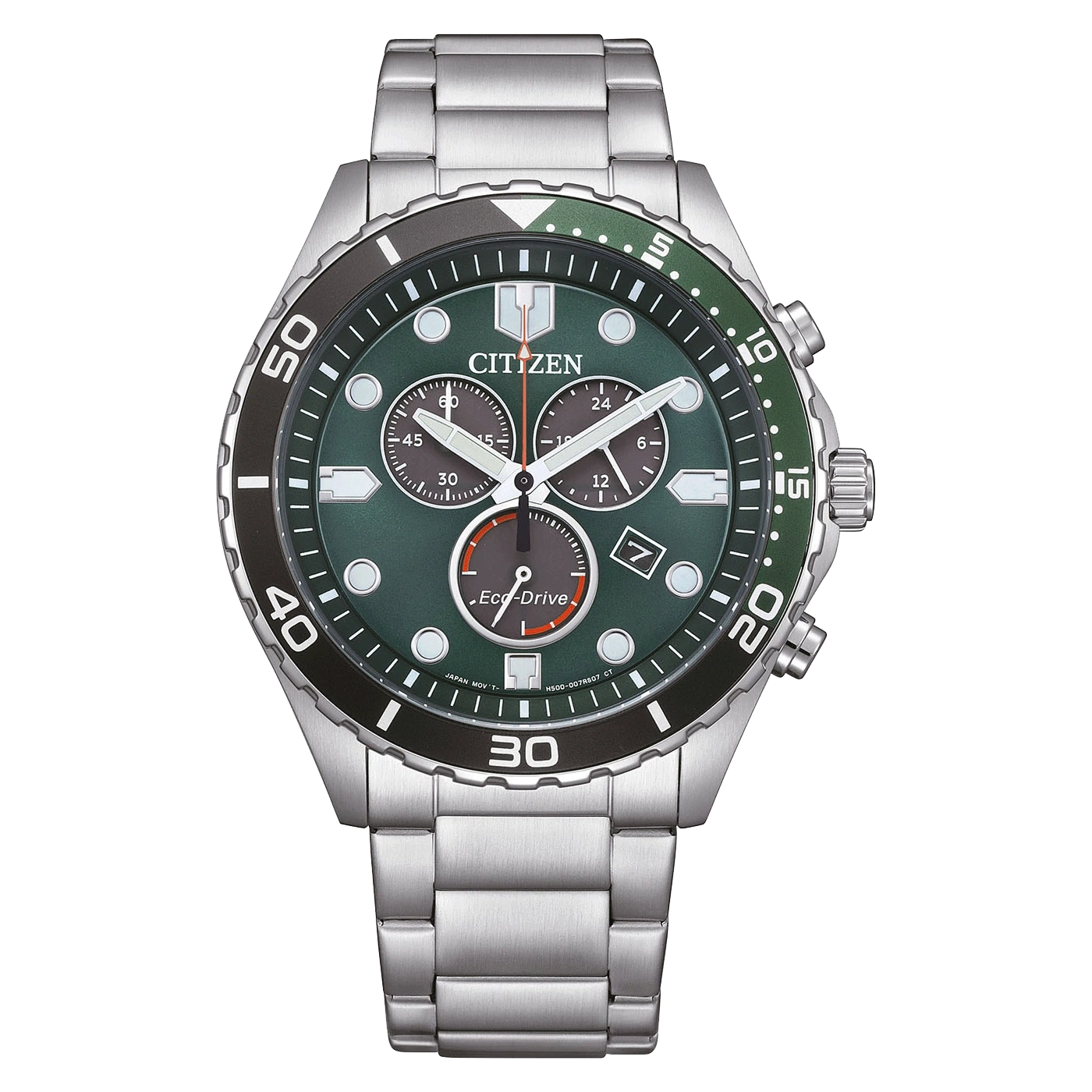 Citizen watch with green dial and silver strap, Eco-Drive technology.
