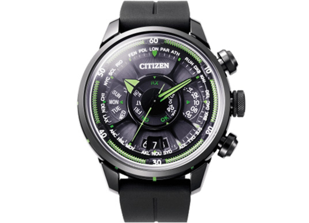 Black Citizen watch with green accents, world time, and date display.