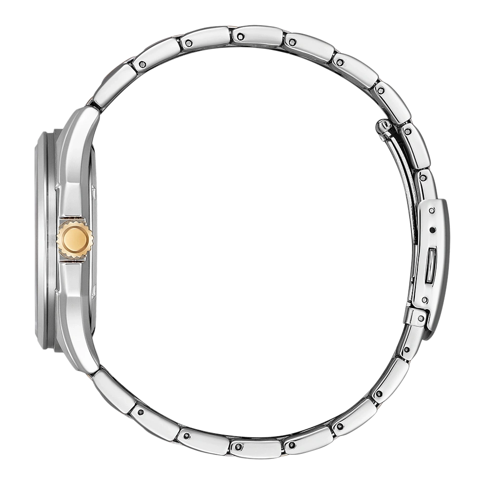 Silver watch with gold crown and silver bracelet, side view, elegant design